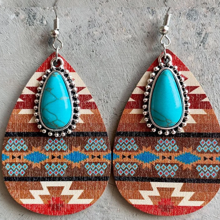 Vintage Turquoise Stone Mandala Drop Earrings